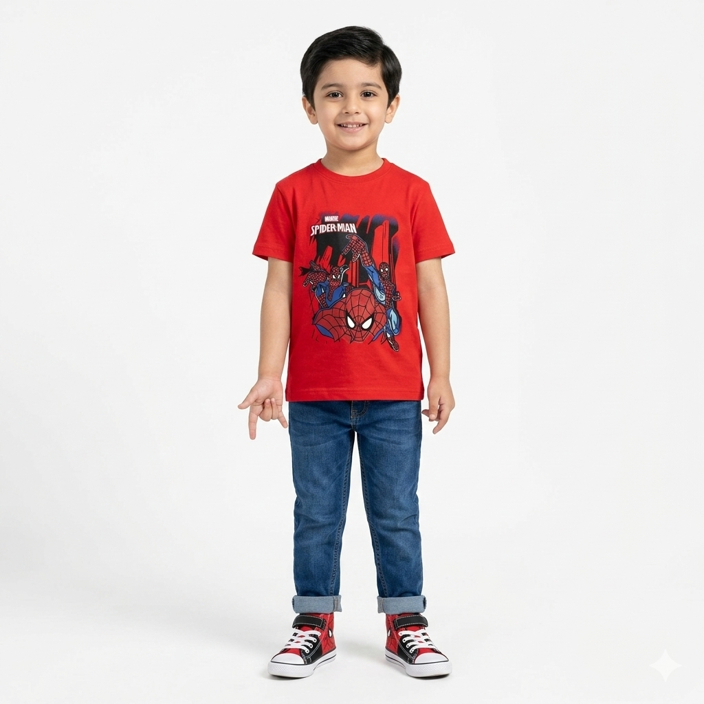 Red Spider Summer T-Shirt from Lil' Cubs coord set, featuring a vibrant red spider design on a lightweight summer fabric.