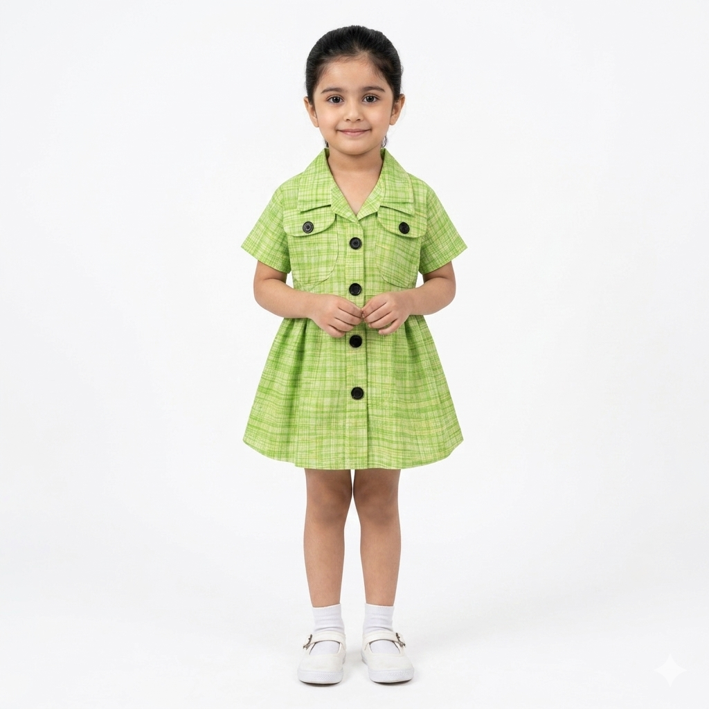 Green cotton girls' summer frock with button details, perfect for ages 2 to 5, by lilcubspk.