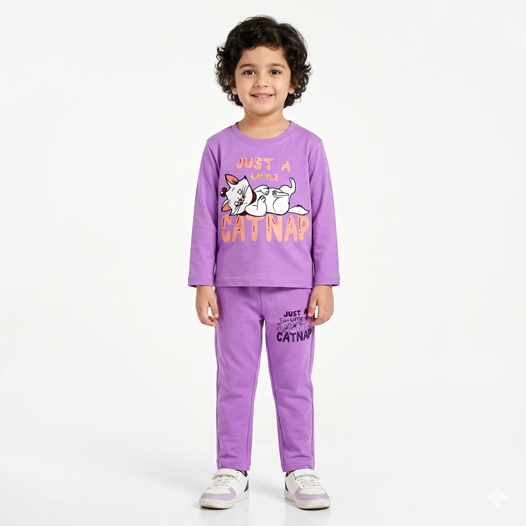 Lil' Cubs pink summer coord set for girls, featuring a cute two-piece cat-themed sleepwear with playful designs.