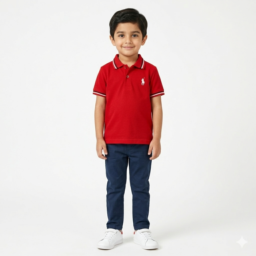 Red boys polo t-shirt with black and white lining from lilcubspk, featuring a classic collar and short sleeves.