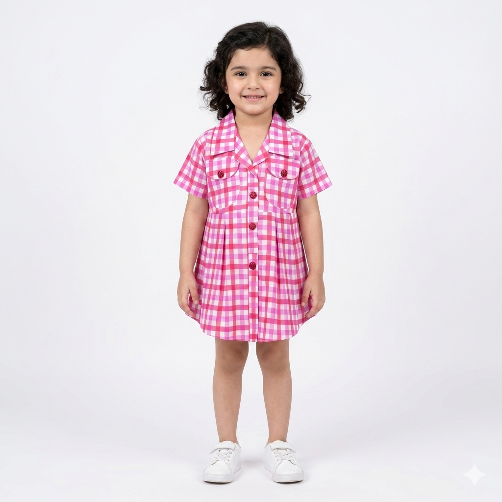 Girls Pink Check Summer Cotton Frock (Ages 2-5)