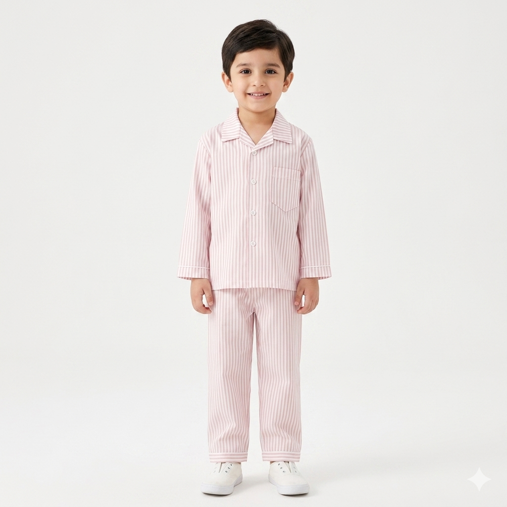 Kids White & Pink Lining Print Summer Night Suit (5 - 12 Years) - Lil' Cubs