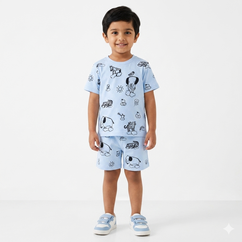 Boys Sky Blue Shorts Animals Print Summer Coord Set (1–12 Years)