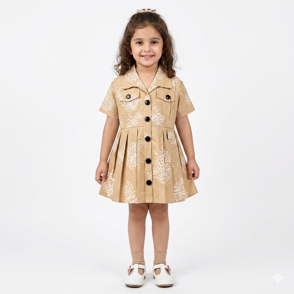 Mustard floral print cotton girl’s frock by lilcubspk for ages 2-5, featuring a cute summer dress with colorful floral patterns.