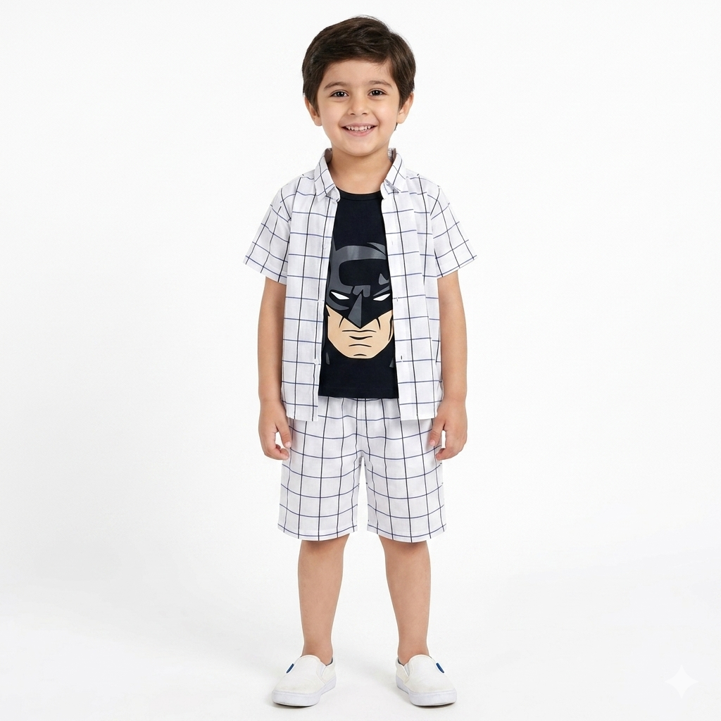 White Box Pattern Batman Print Summer Coord Set for Boys (1 - 12 Years)