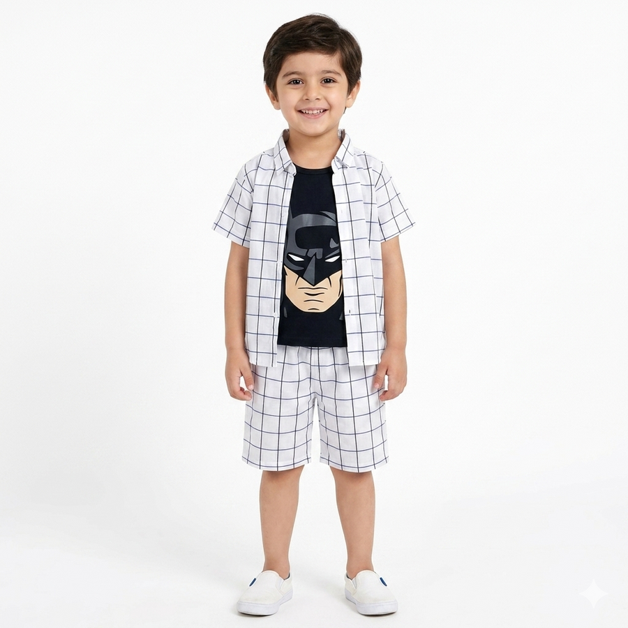 White Box Pattern Batman Print Summer Coord Set for Boys (1 - 12 Years) - Lil' Cubs
