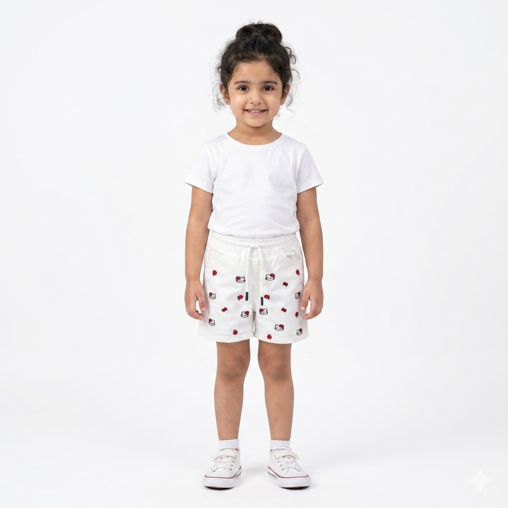 Girls white denim shorts with cute kitty embroidery by lilcubspk, designed for ages 6 months to 5 years.