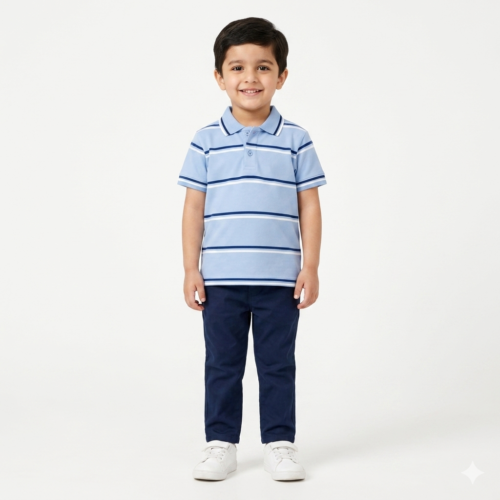Light blue boys polo t-shirt with lining from lilcubspk, suitable for ages 2 to 12, featuring a classic polo design and soft fabric.
