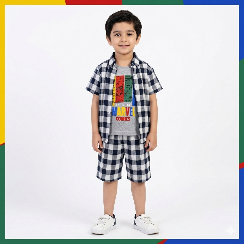 Black Check Marvel Summer Coord Set for Boys (1 - 12 Years) - Lil' Cubs