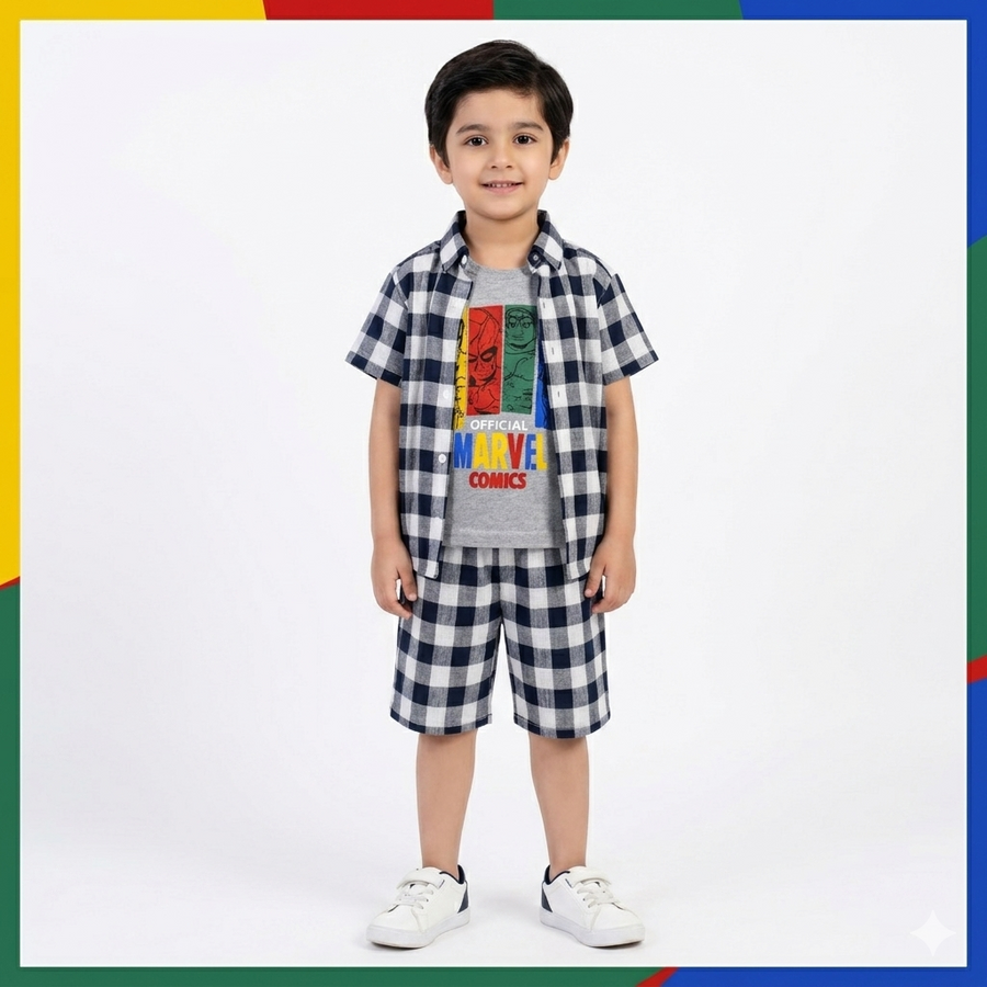 Black Check Marvel Summer Coord Set for Boys (1 - 12 Years) - Lil' Cubs