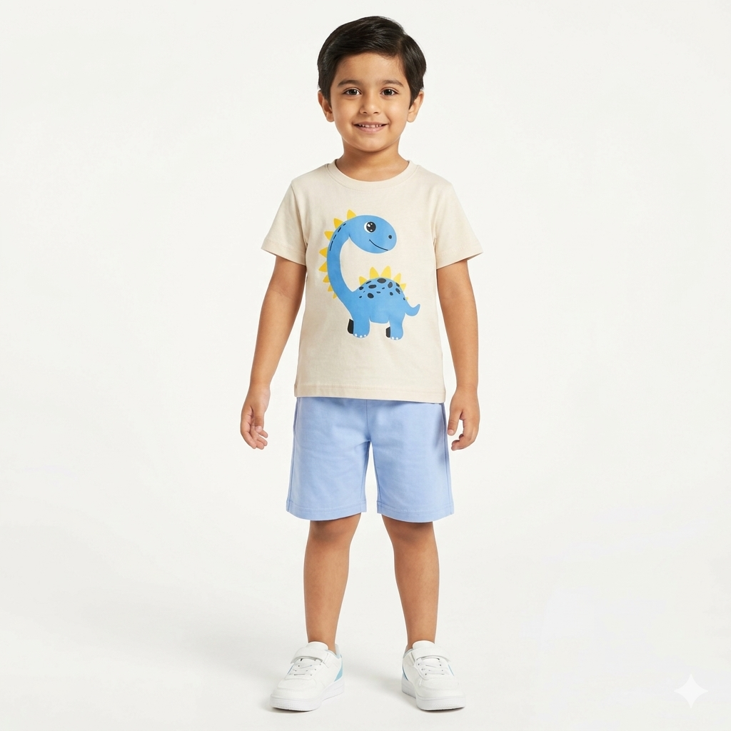 Boys summer coordinated set with colorful dino print for ages 1-10, made by lilcubspk, featuring a t-shirt and shorts ensemble.