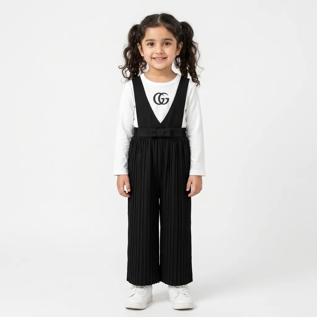 Girls Black GUCCI Print Dangri Jumpsuit – 2 Piece (Size 4 - 10 Years)