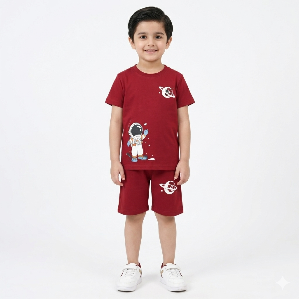 Boy wearing lilcubspk summer coord set with astronaut print, featuring a matching top and shorts for ages 1-12.