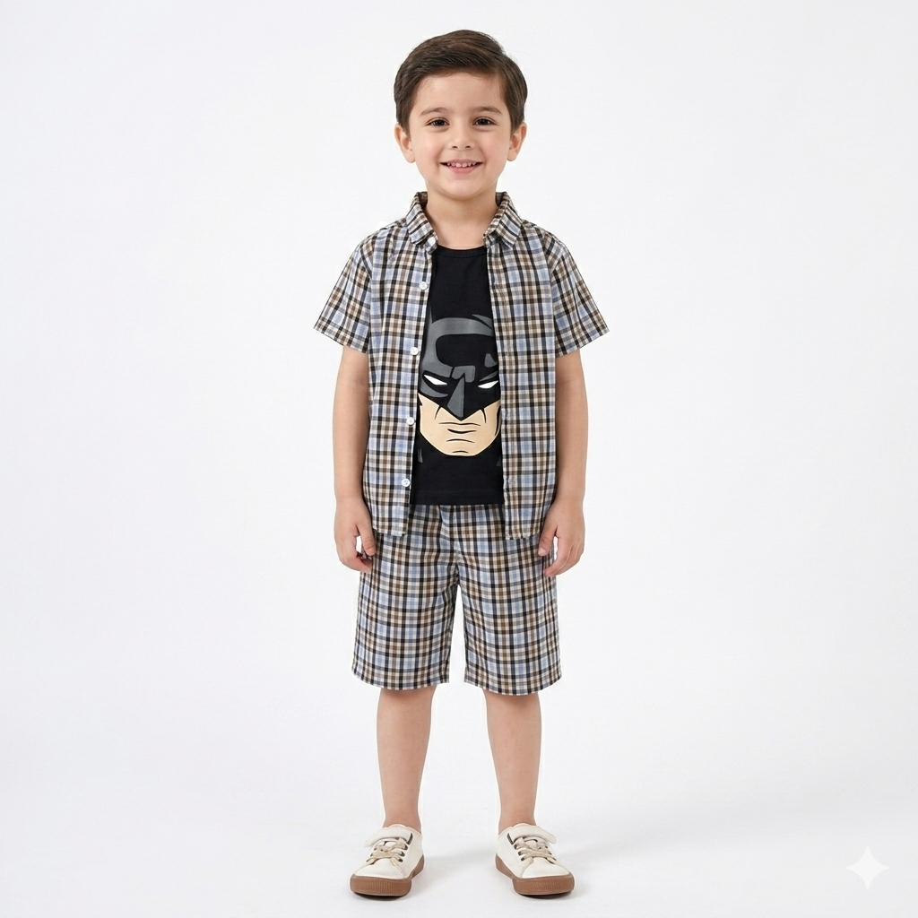 MultiColor Check Batman Print Summer Coord Set for Boys (1 - 12 Years)