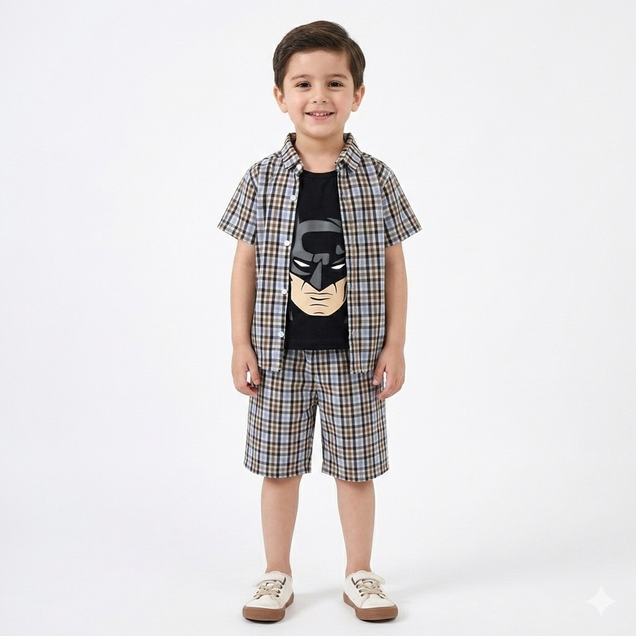 MultiColor Check Batman Print Summer Coord Set for Boys (1 - 12 Years) - Lil' Cubs