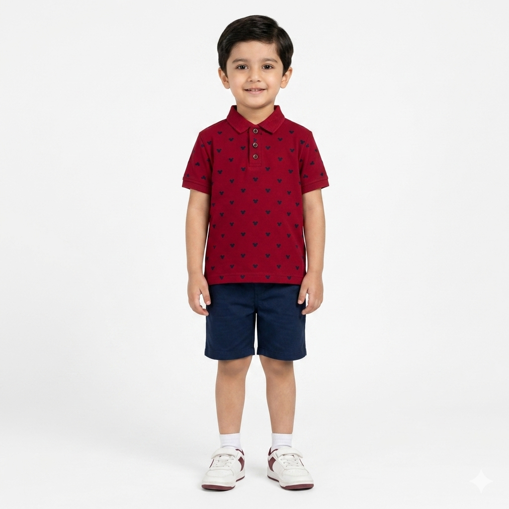 Dark maroon printed boys polo shirt by lilcubspk featuring a stylish design and classic collar, perfect for casual wear.