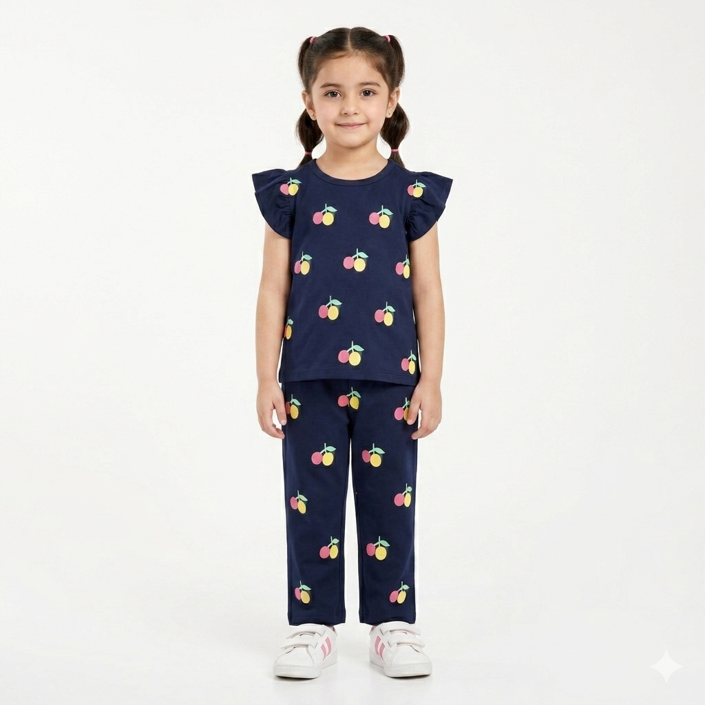 Blue fruit print summer girls' coord set by lilcubspk, includes two-piece outfit for ages 1-12 with playful design.
