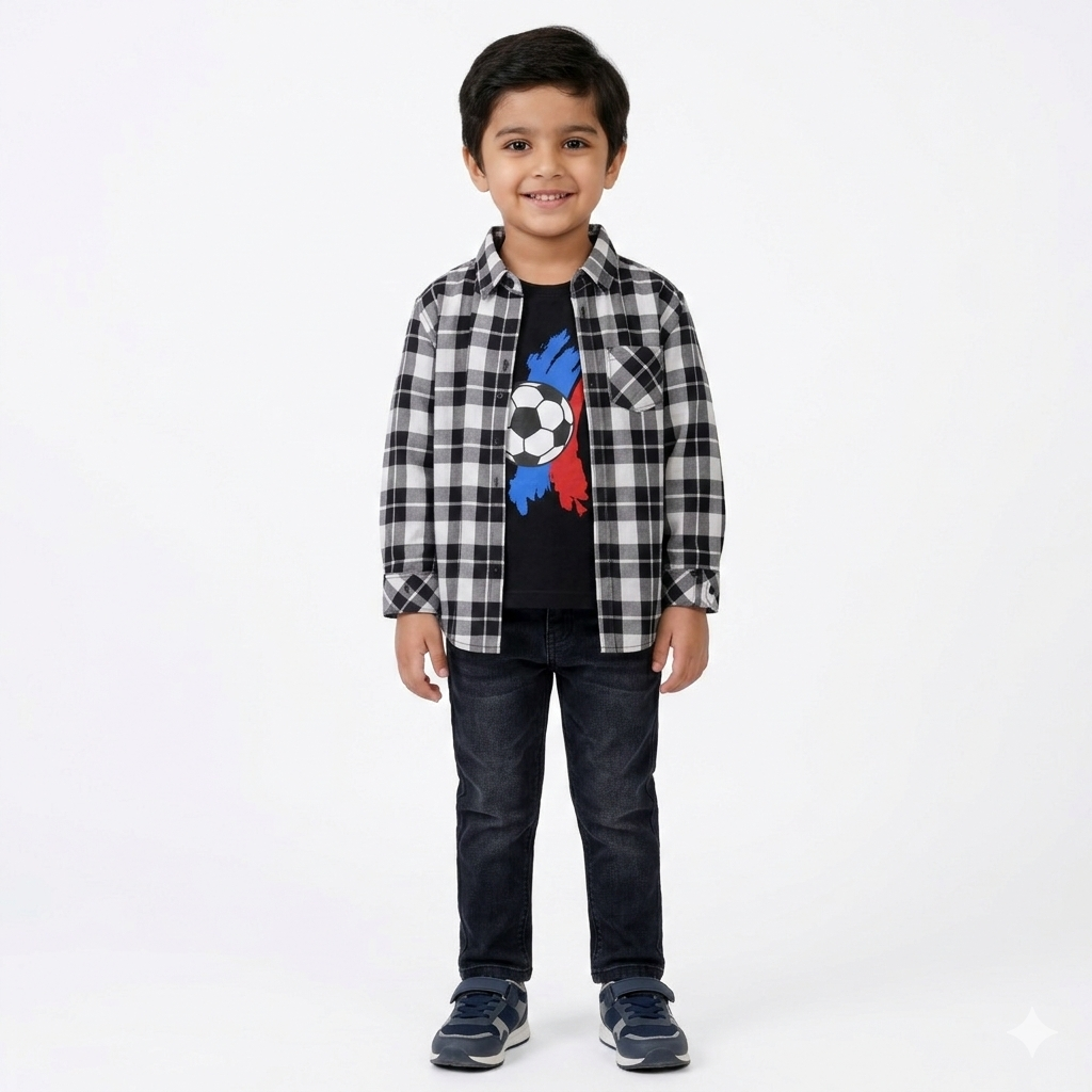 Black & White Checked Casual Shirt with Football Print T-Shirt