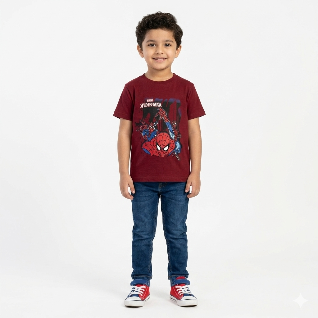 Dark red spider design summer T-shirt from Lil' Cubs coord set, featuring a casual, lightweight fabric perfect for warm weather.