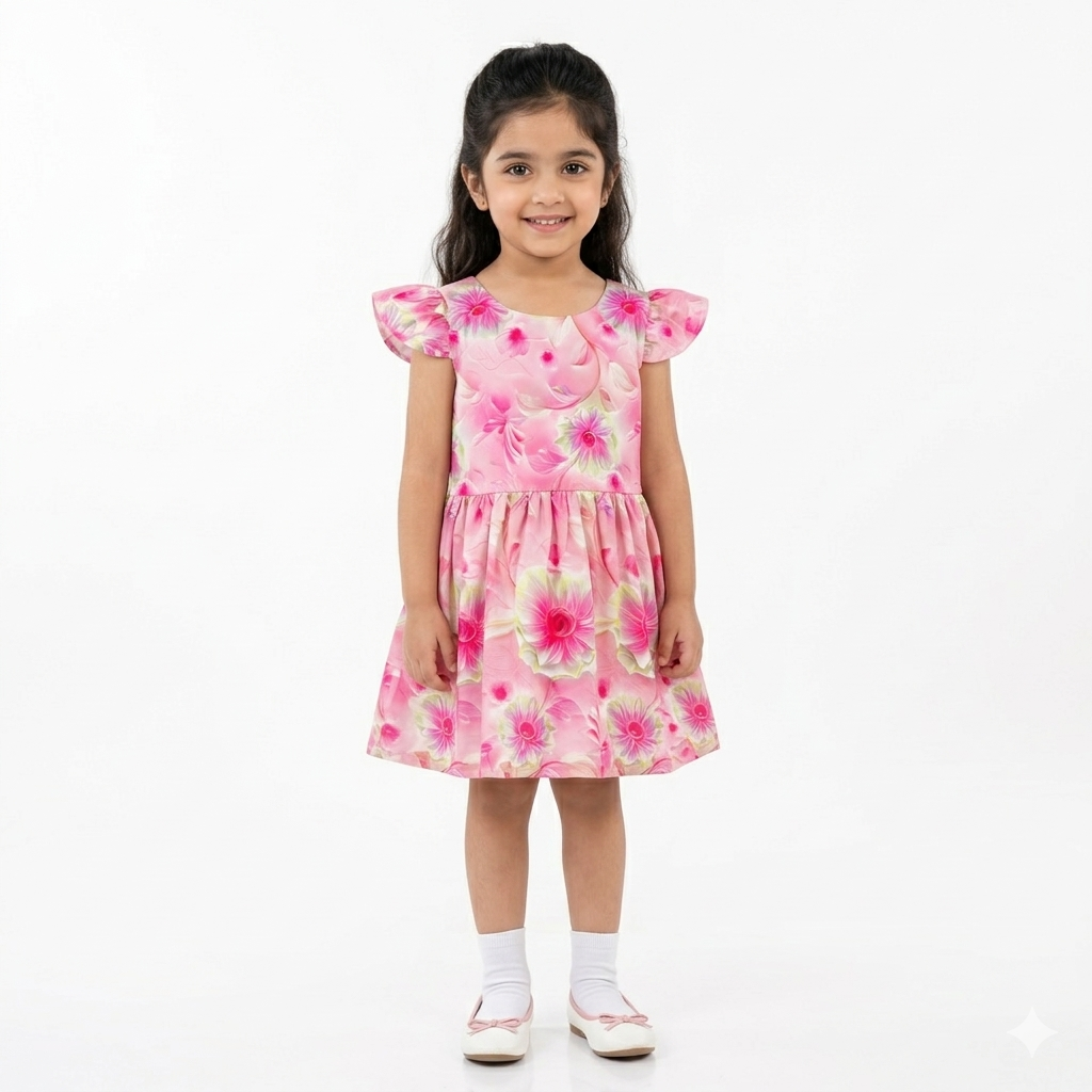 Pink floral cotton frock for girls aged 2 to 6, featuring a cute design and comfortable fit, from lilcubspk.