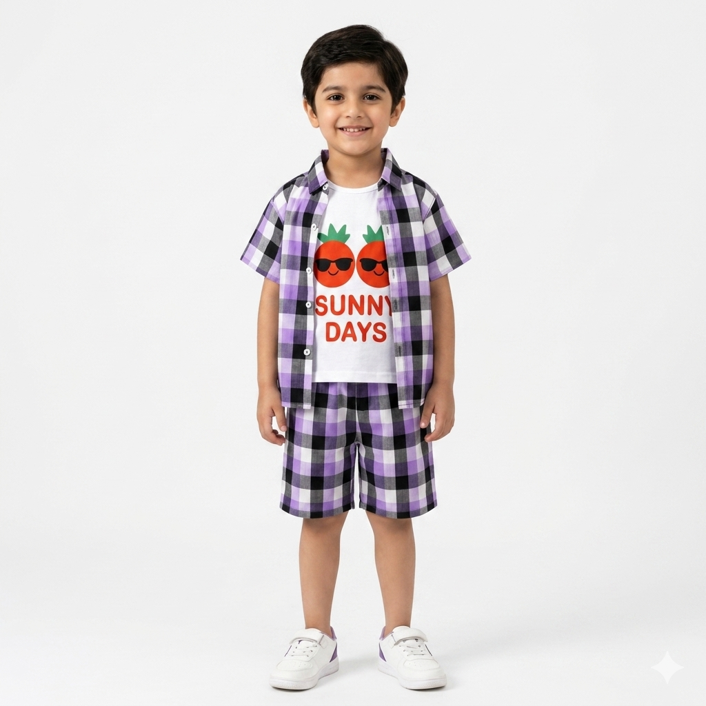 Purple Check Sunny Day Print Summer Coord Set for Boys (1 - 12 Years)