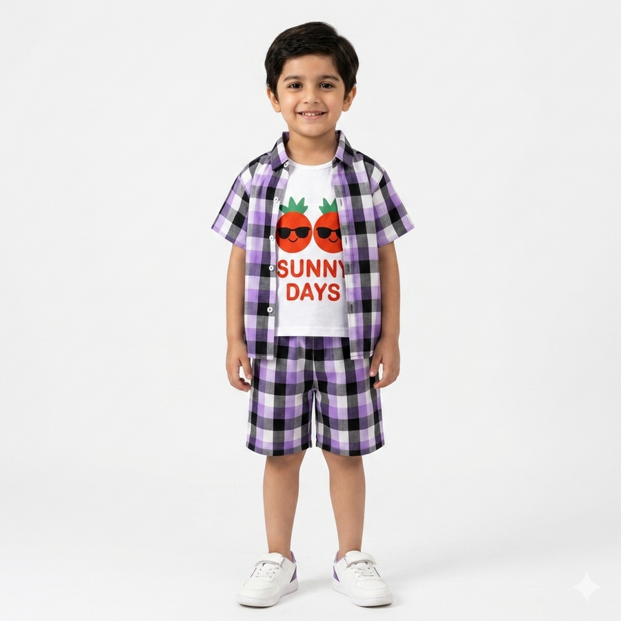 Purple Check Sunny Day Print Summer Coord Set for Boys (1 - 12 Years) - Lil' Cubs