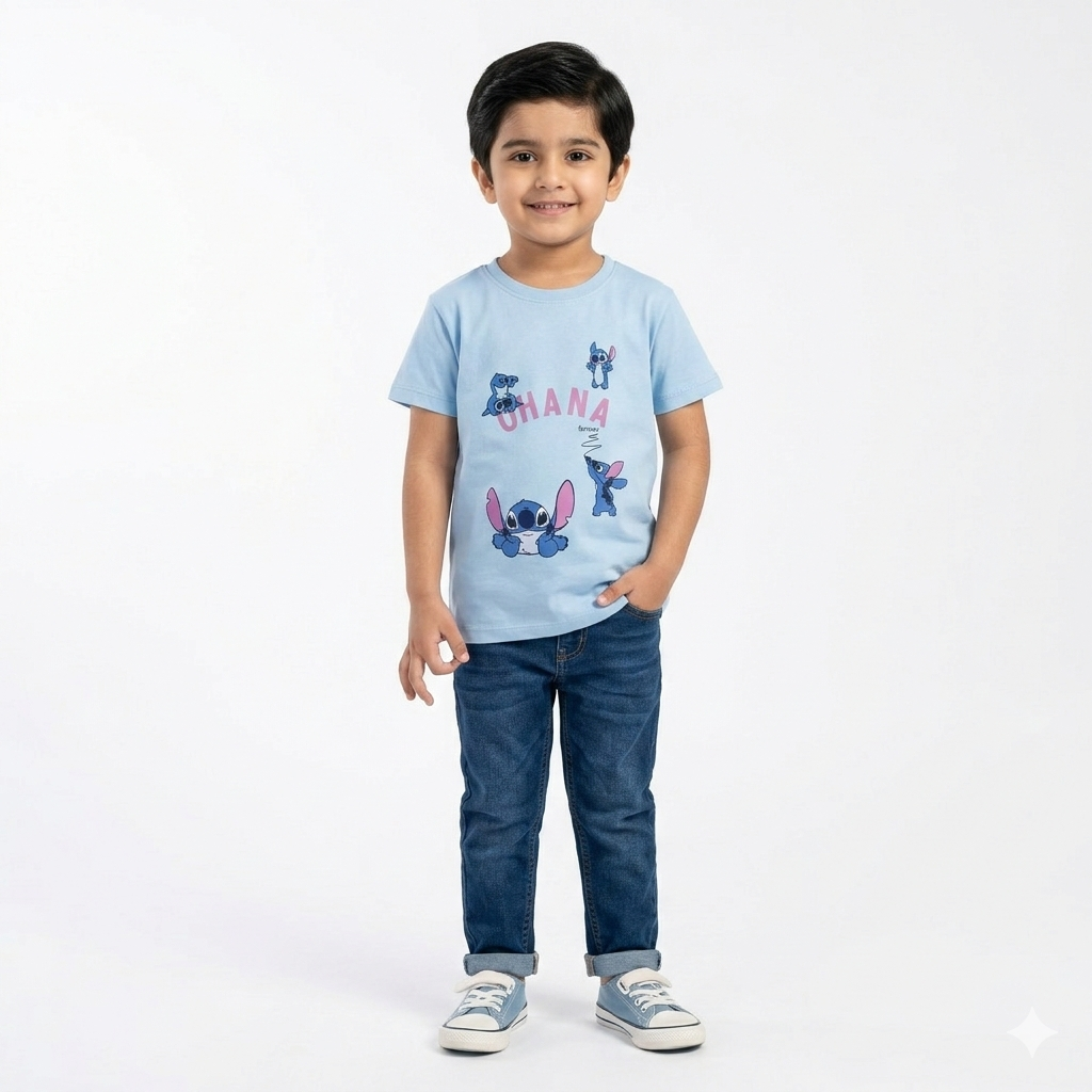 Light blue Stitch summer T-shirt by lilcubspk featuring a casual fit and soft fabric, perfect for warm weather.
