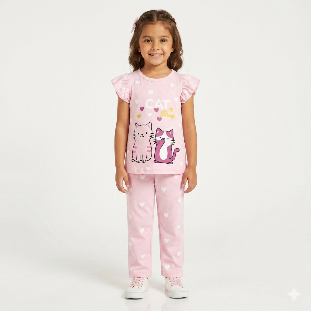 Pink summer girl coord set with cat print, two-piece outfit for ages 1-12 by lilcubspk, perfect for warm weather.