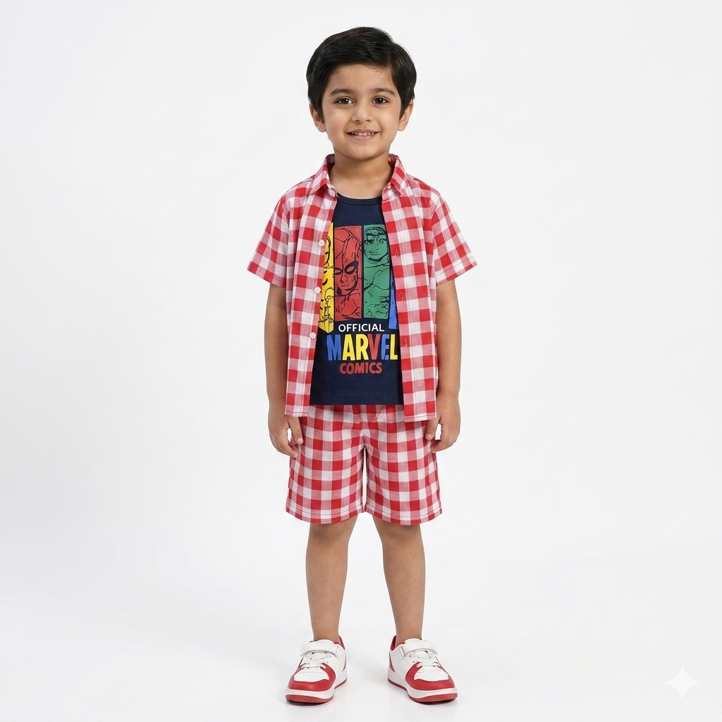 Red Check Marvel Summer Coord Set for Boys (1 - 12 Years)