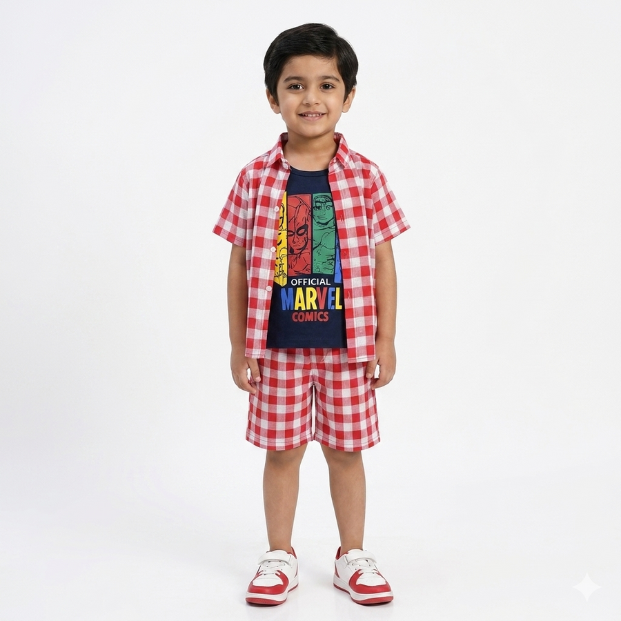 Red Check Marvel Summer Coord Set for Boys (1 - 12 Years) - Lil' Cubs