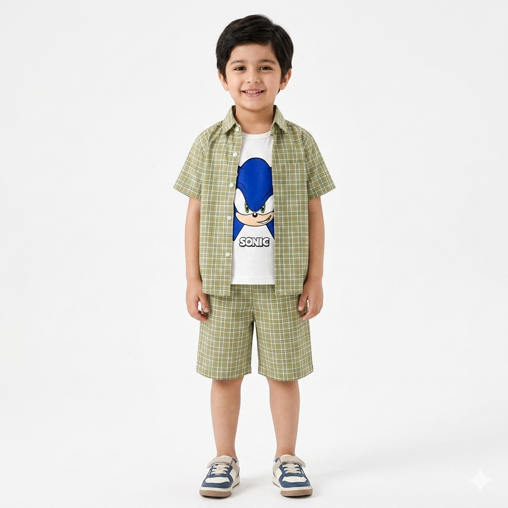 Olive Green Check Sonic Summer Coord Set for Boys (1 - 12 Years)