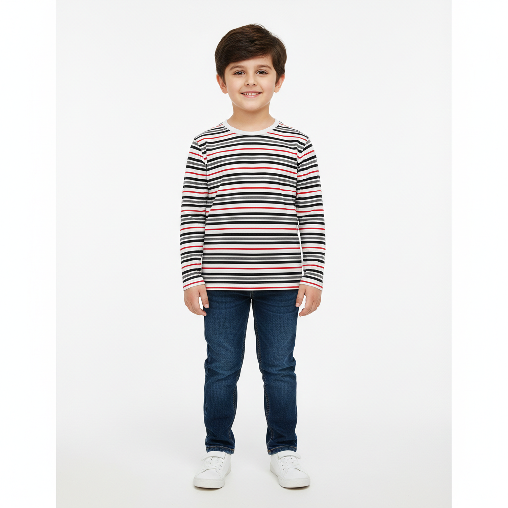 Multi-Color Striped Full Sleeves White T‑Shirt