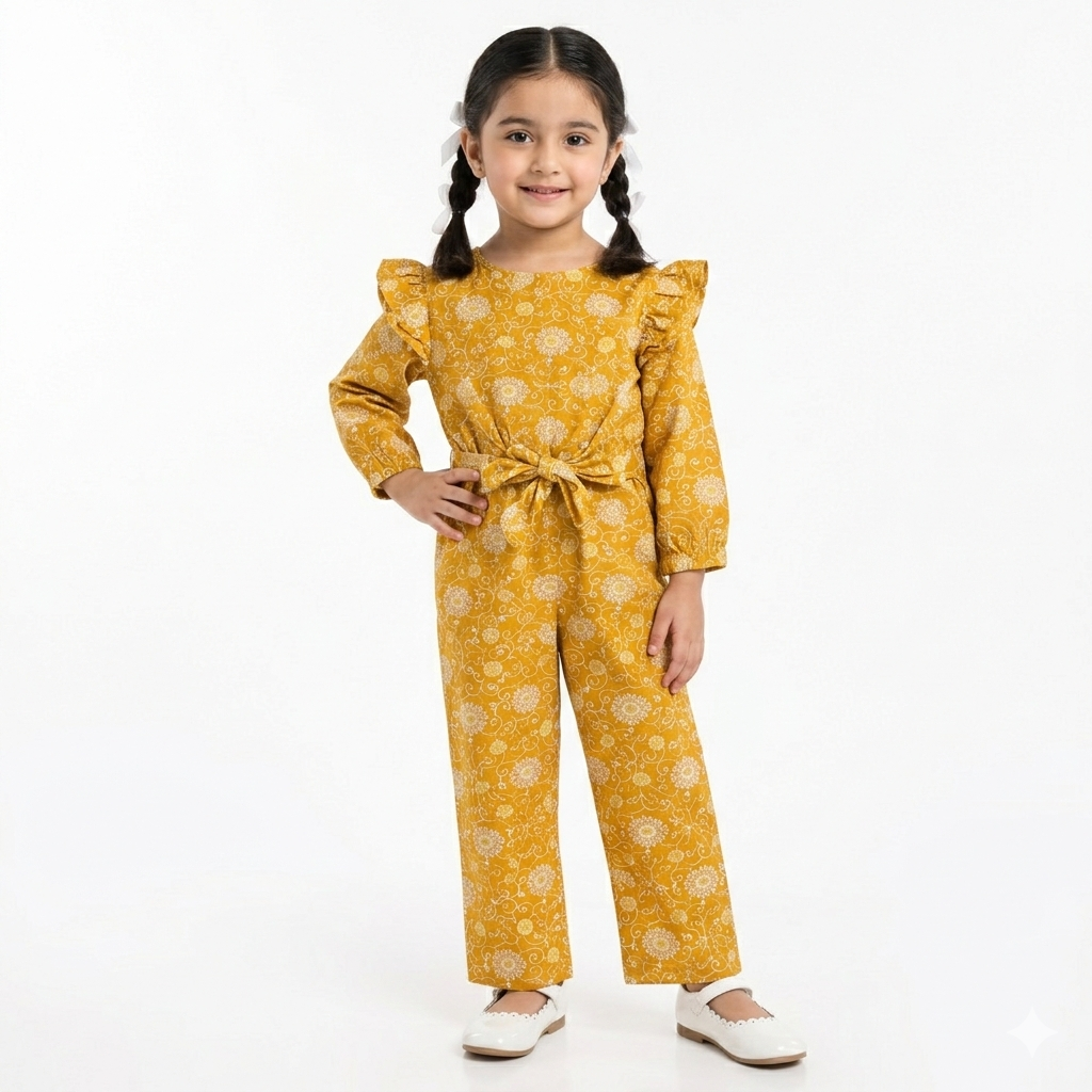 Girls Mustard Floral Jumpsuits - Lil' Cubs