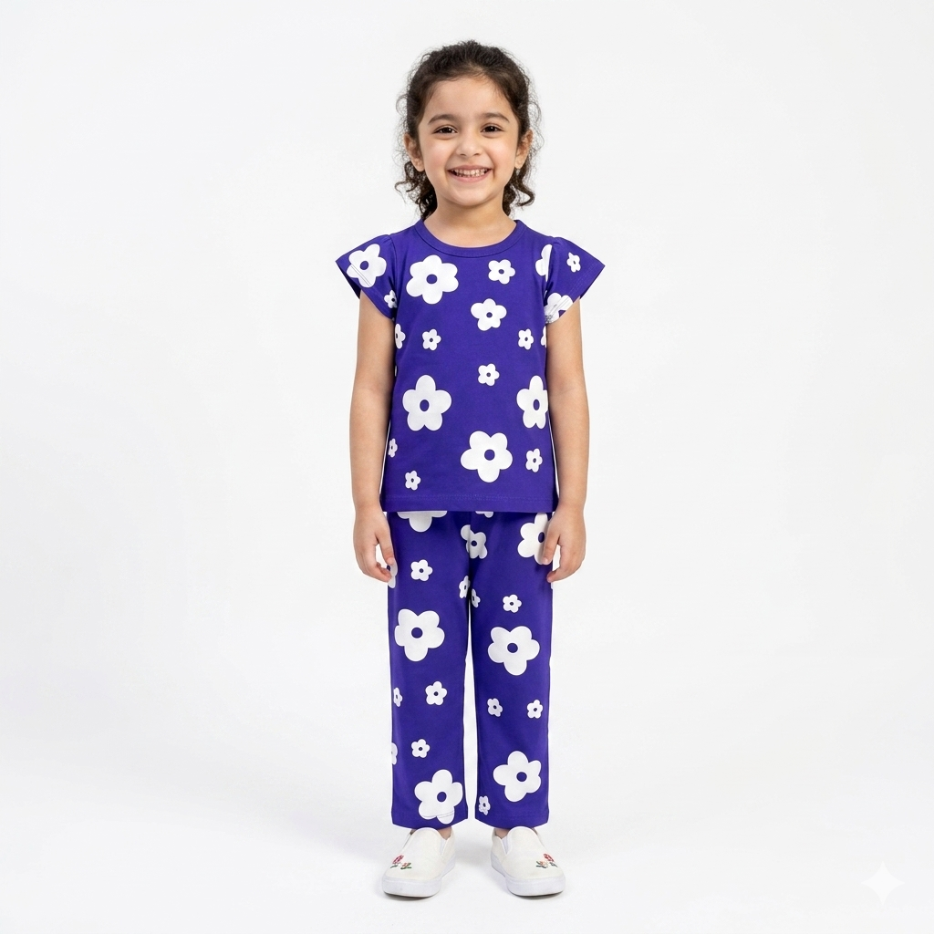 Girls' blue summer coord set with flower print from lilcubspk, featuring a matching top and shorts for ages 1-12