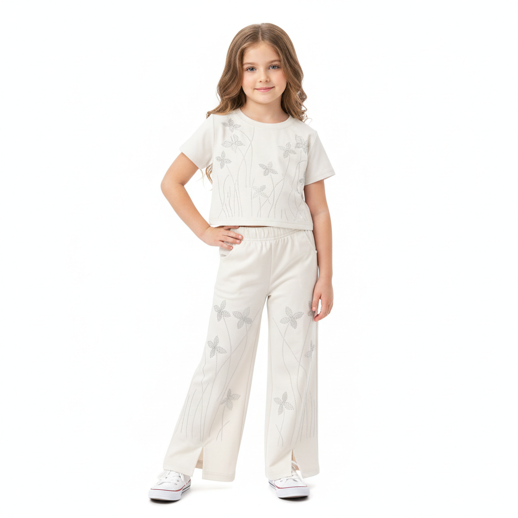 Girls Off White Crop Top and Palazzo Set