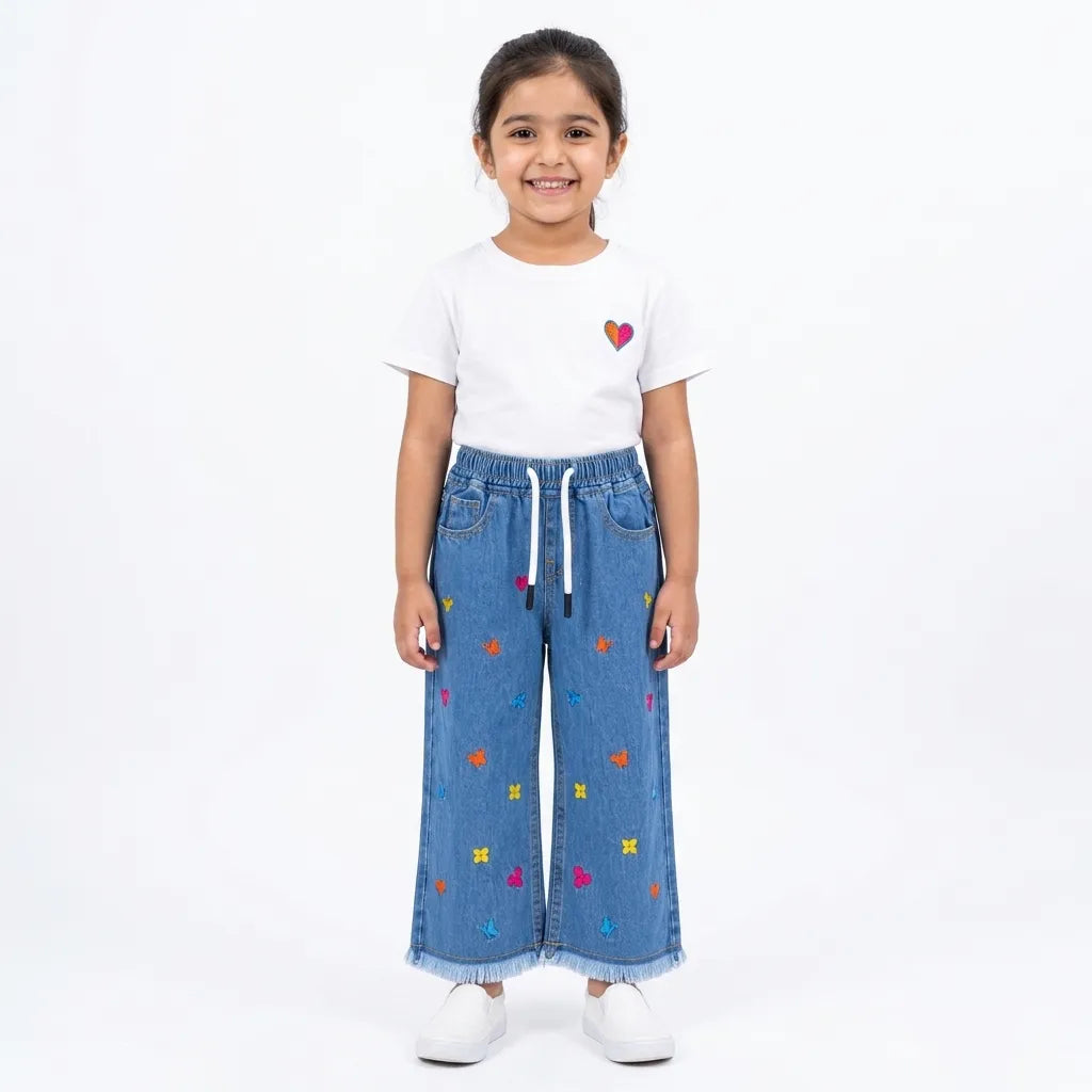 Girls Blue Denim Jeans Butterfly Embroidery (Size 2 - 12 Years)