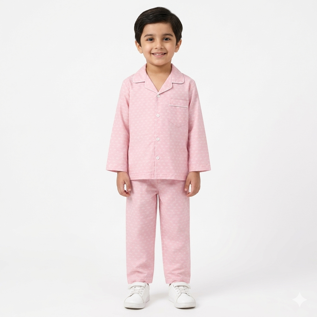 Boys Cotton Night Suit - Light Pink, Sign Pattern (1-4 Years)