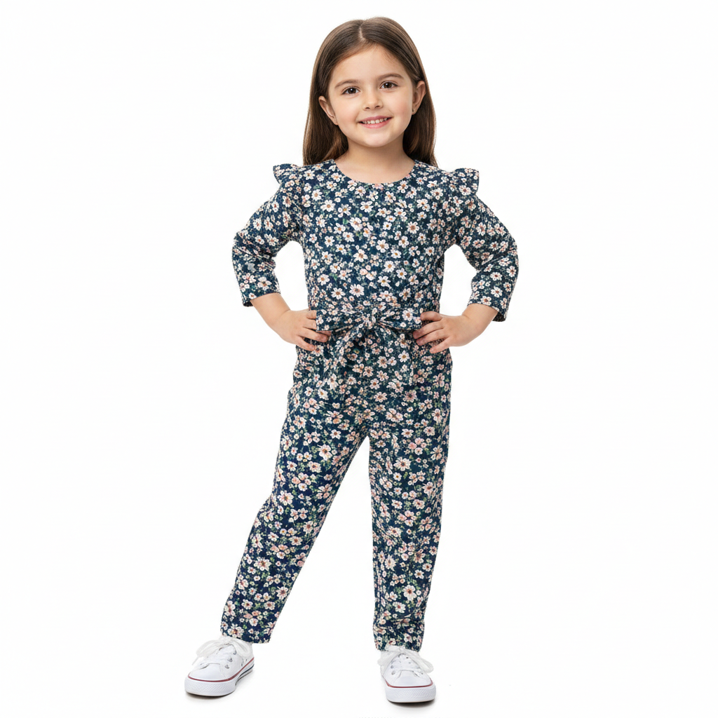 Girls Navy Blue Floral Jumpsuits - Lil' Cubs