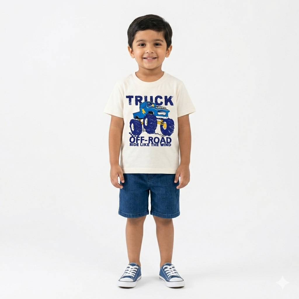 Off White Monster Truck T-Shirt by lilcubspk featuring a graphic of a monster truck on a casual t-shirt.