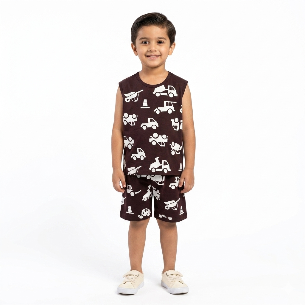 Dark Maroon Sleeveless Truck Coord Set for Boys (1–12 Years)