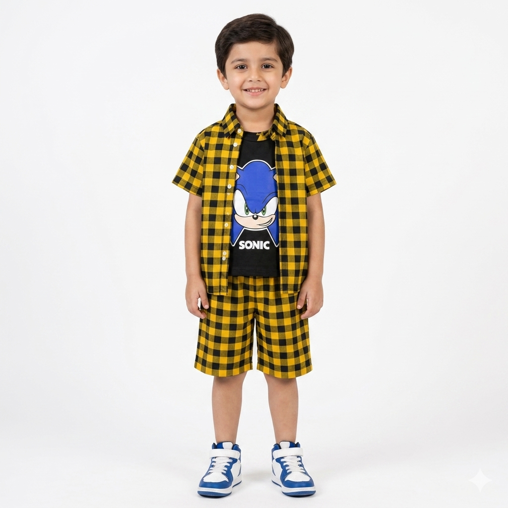 Mustard black check Sonic summer coord set for boys, age 1-12 years, featuring a stylish check pattern and comfortable summer fabric.