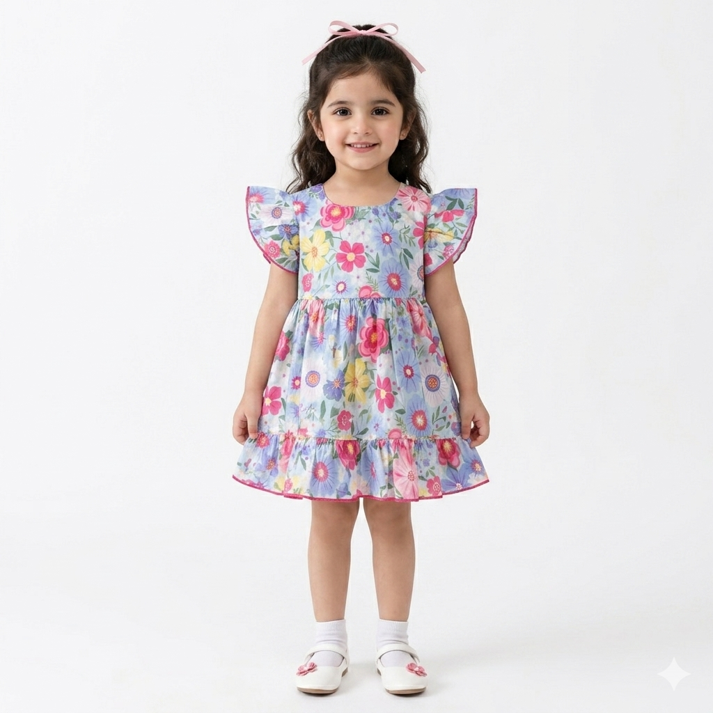 Summer Girls Frock - Sky Blue Floral Print Cotton Dress (Ages 2-5)