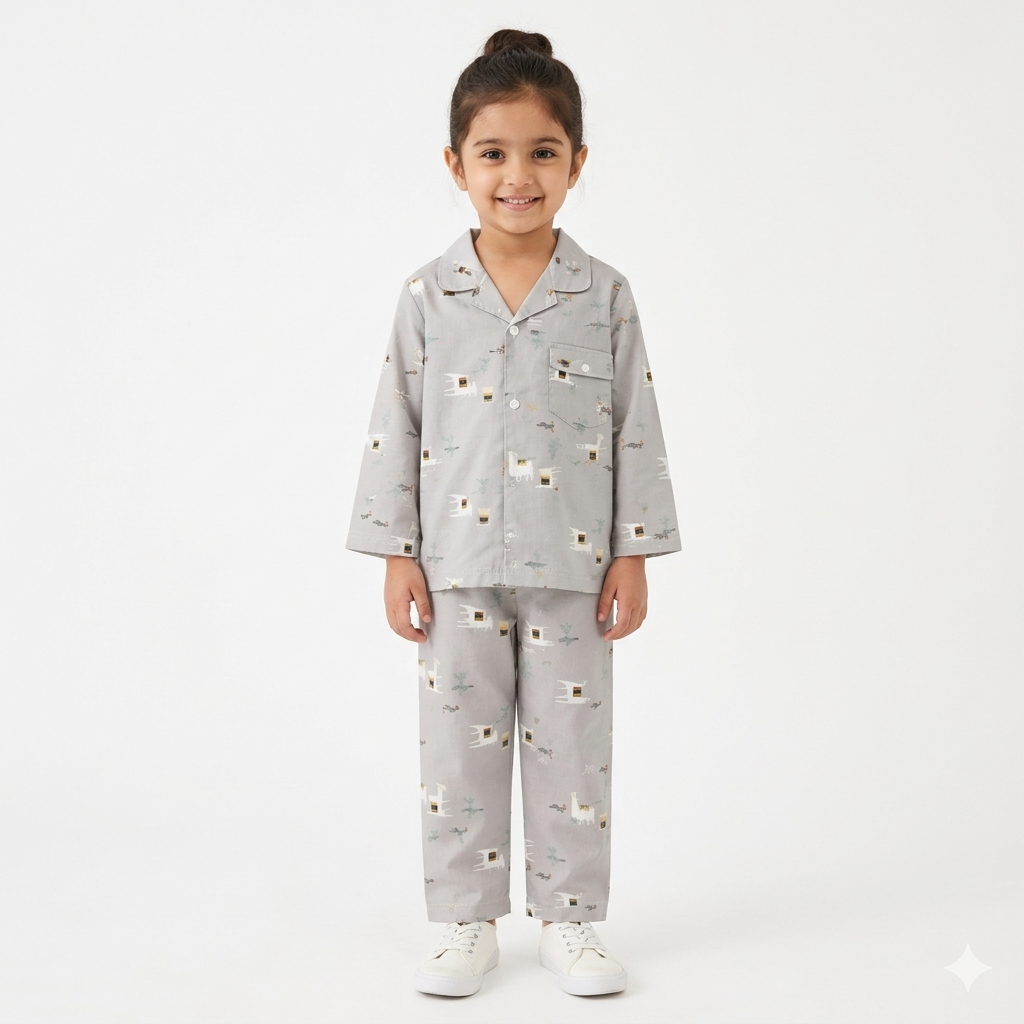 Girls Cotton Night Suit - Sea Green, Squirrel Pattern (1-4 Years)