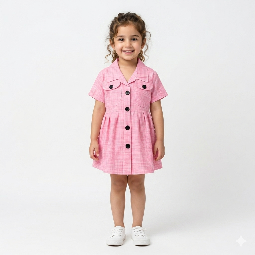 Pink cotton girls' frock by lilcubspk with button design, suitable for ages 2-5, perfect for summer wear.