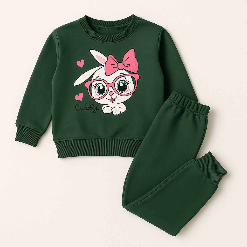 Girls Forest Green “Cuddly Bunny” Sweatshirt with Jogger Pants Set (1–8 Years)