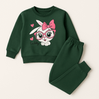 Girls Forest Green “Cuddly Bunny” Sweatshirt with Jogger Pants Set (1–8 Years)