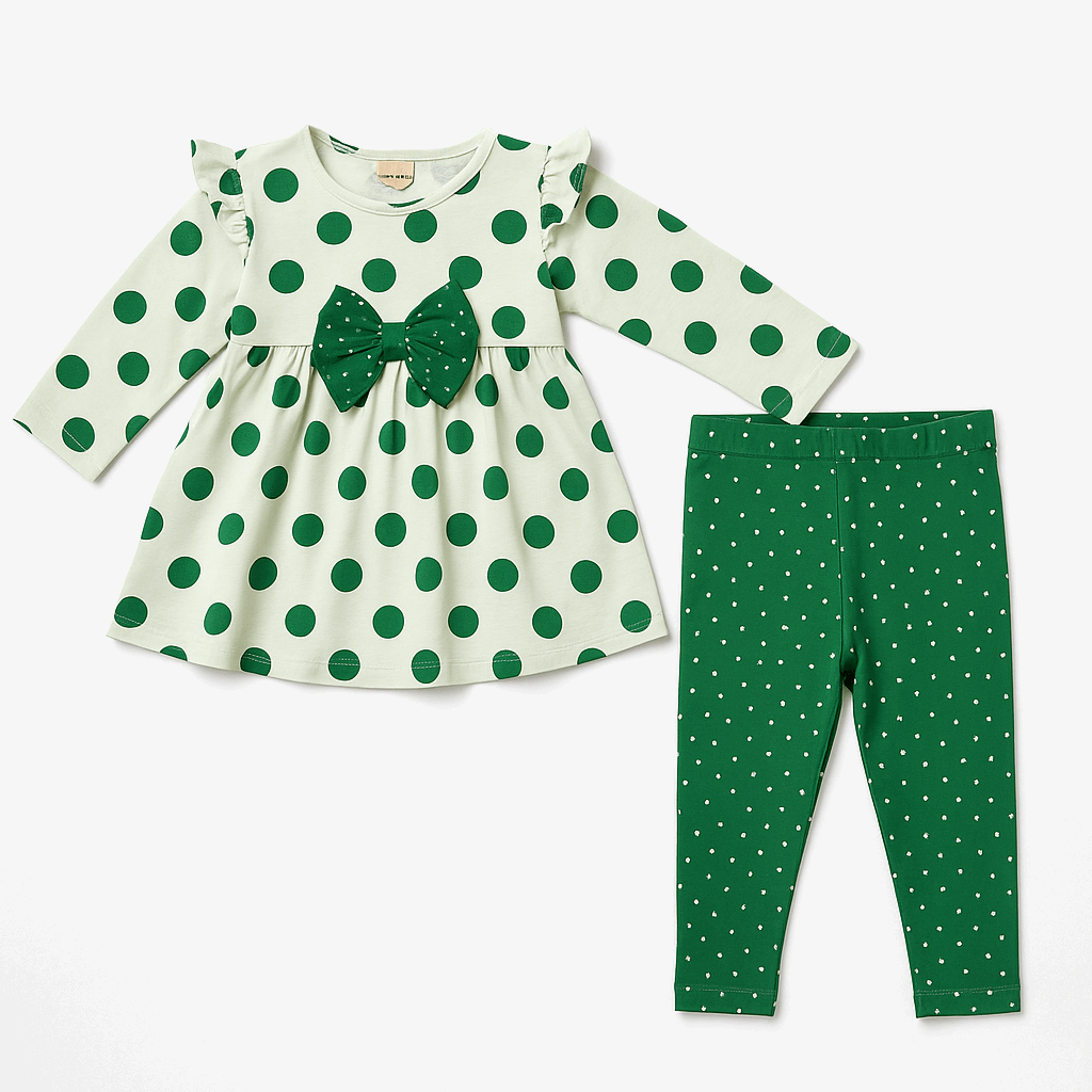 Girls Green Polka Dot Frock with Leggings – Full Sleeve Dress Set (1–3Y)

