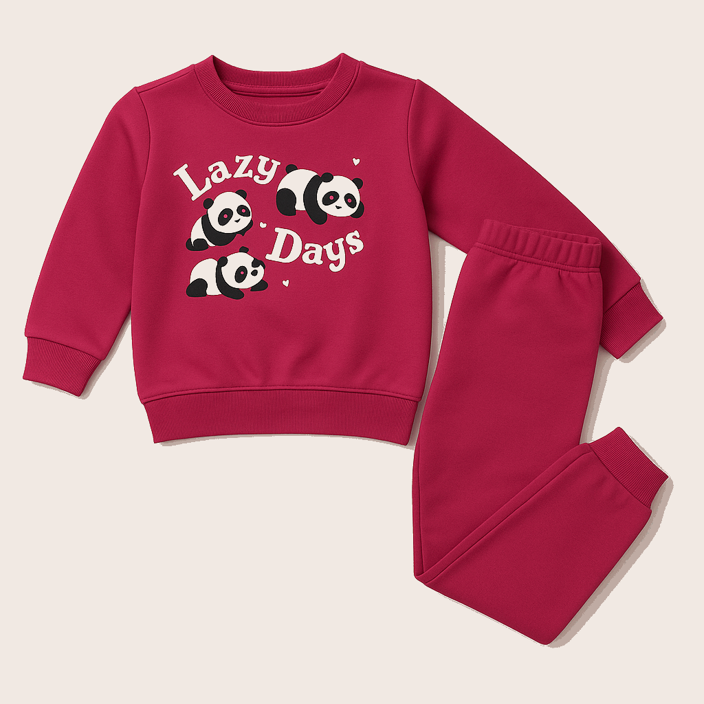Girls pink panda sweatshirt and jogger set "Lazy Days" print – toddler winter outfit

