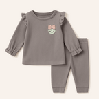 Girls ribbed pajama set with ruffle sleeves and cute bear patch on top – front view

