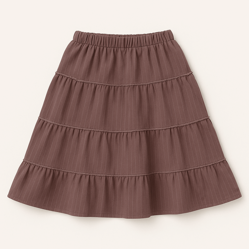 "Girls tiered pinstripe skirt in dusty mauve – ages 4–10"
